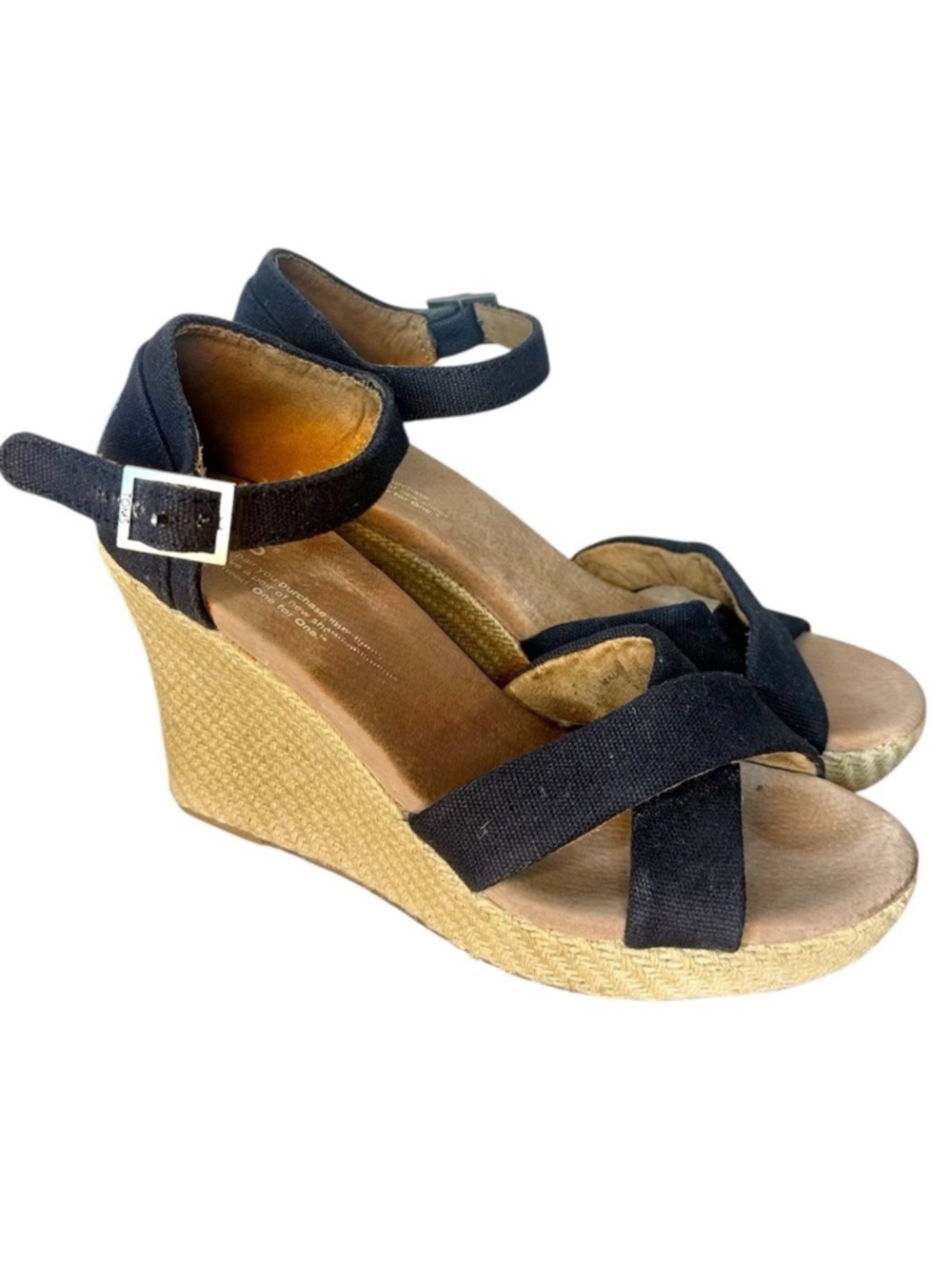TOM’S Black Sienna Wedge Espadrilles Sandals Platform Strappy Size 8.5